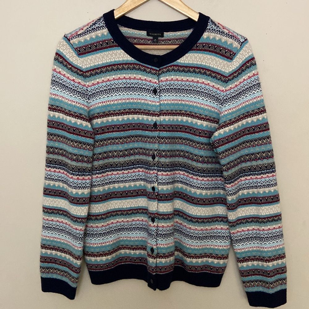 Talbot's Fair Isle Lambswool Blend Button Front Cardigan size M Cabincore Cozy